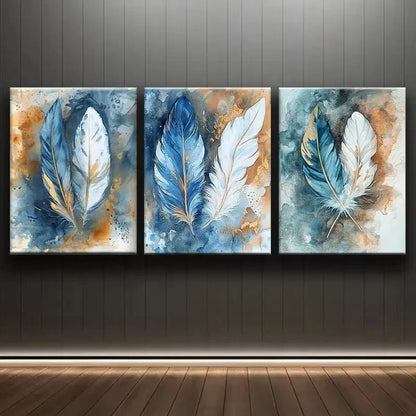 3pcs Blue Feather Watercolor Wings Metal Print Ready to Hang Art