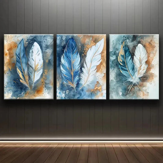 3pcs Blue Feather Watercolor Wings Metal Print Ready to Hang Art