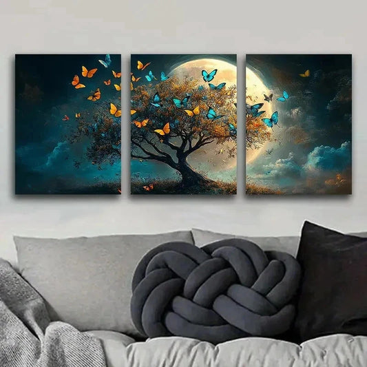3pcs Vibrant Blue & Golden Forest Wall Art Set Canvas Framed 40x60cm - High Quality Print 100% Australian Made Wall Canvas Ready to Hang