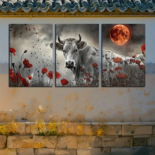 3pcs Black Cow and Poppy Fields Design Metal Print Ready to Hang Art