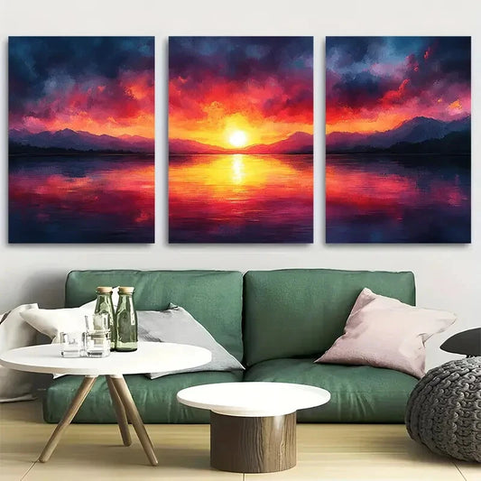 3pcs Dramatic Colorful Watercolor Sunset Landscape Metal Print Ready to Hang Art