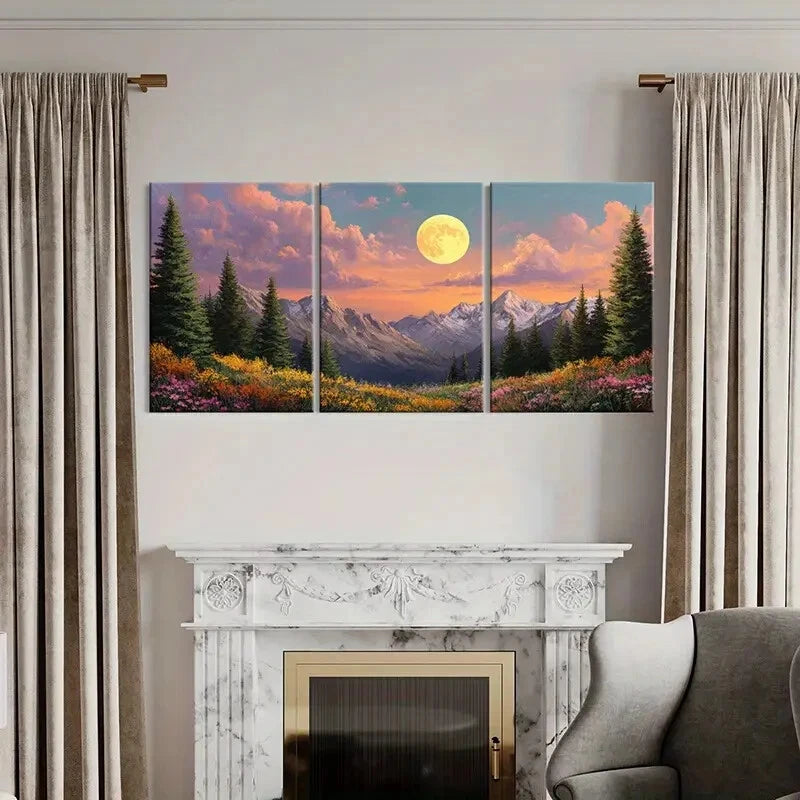 3pcs Mountain Landscape Pine Trees Wildflowers Metal Print Ready to Hang Art