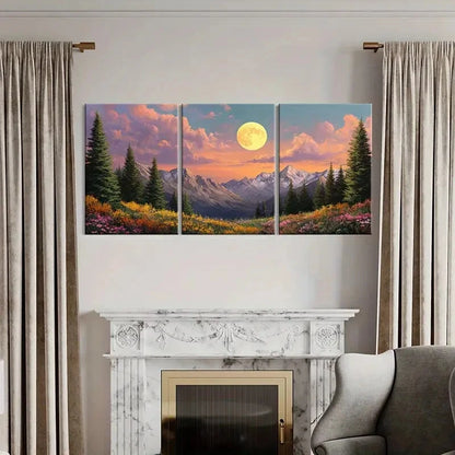 3pcs Mountain Landscape Pine Trees Wildflowers Metal Print Ready to Hang Art