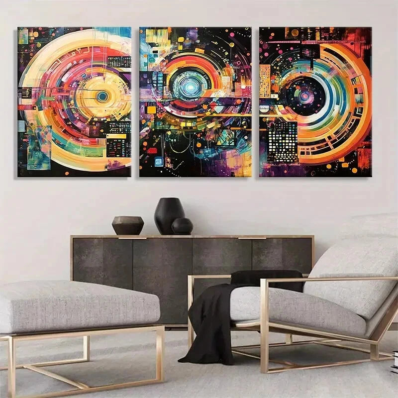 3pcs Vibrant Circular Patterns with Neon Accents Metal Print Ready to Hang Art