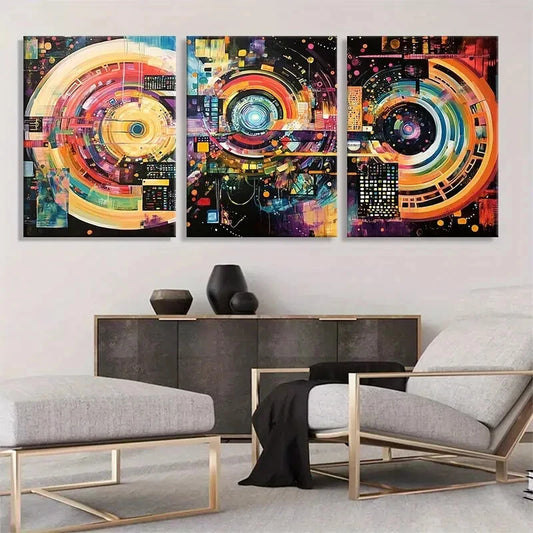 3pcs Vibrant Circular Patterns with Neon Accents Metal Print Ready to Hang Art