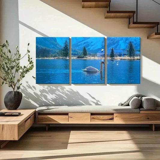 3pcs Blue Colored Lake and White Swan Wall Art Set Canvas Framed 40x60cm - High Quality Print 100% Australian Made Wall Canvas Ready to Hang
