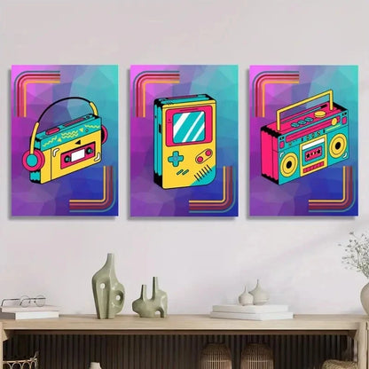 3pcs Vibrant Colorful Retro Gaming & Music Player Metal Print Ready to Hang Art
