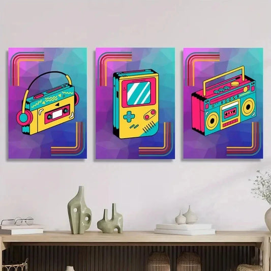 3pcs Vibrant Colorful Retro Gaming & Music Player Metal Print Ready to Hang Art