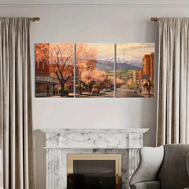 3pcs Spring Townscape with Snowy Mountain Metal Print Ready to Hang Art