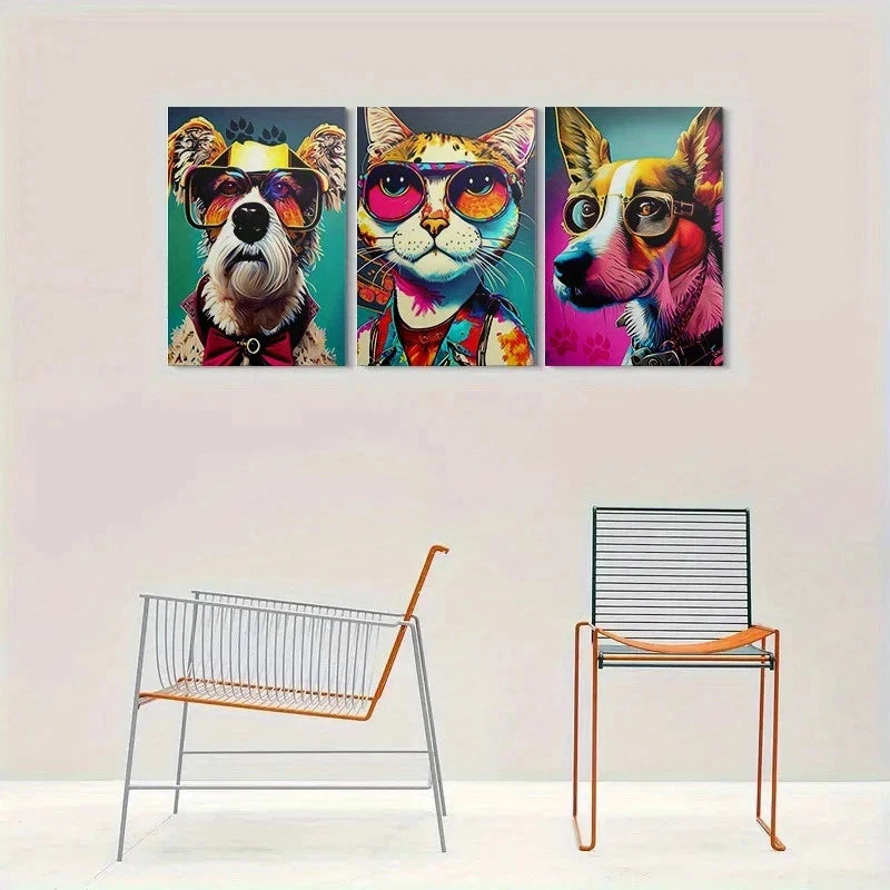 3pcs Colorful Pet Fashion Glasses & Bow Ties Metal Print Ready to Hang Art