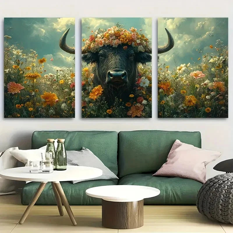 3pcs Victorian Buffalo in Bloom Metal Print Ready to Hang Art