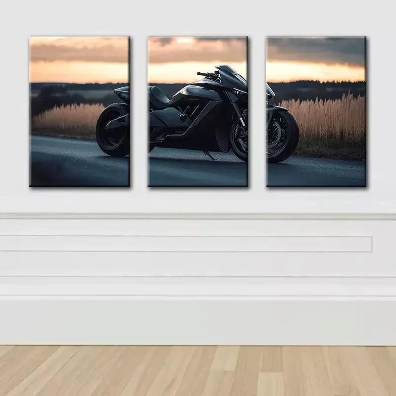 3pcs Sleek Black Motorcycle Canvas Framed 40x60cm - High Quality Print 100% Australian Made Wall Canvas Ready to Hang