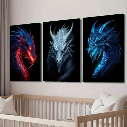 3pcs Ancient Flame Dragon with Shining Teeth Wall Art Set Canvas Unframed - High Quality Print 100% Australian Made Wall Canvas