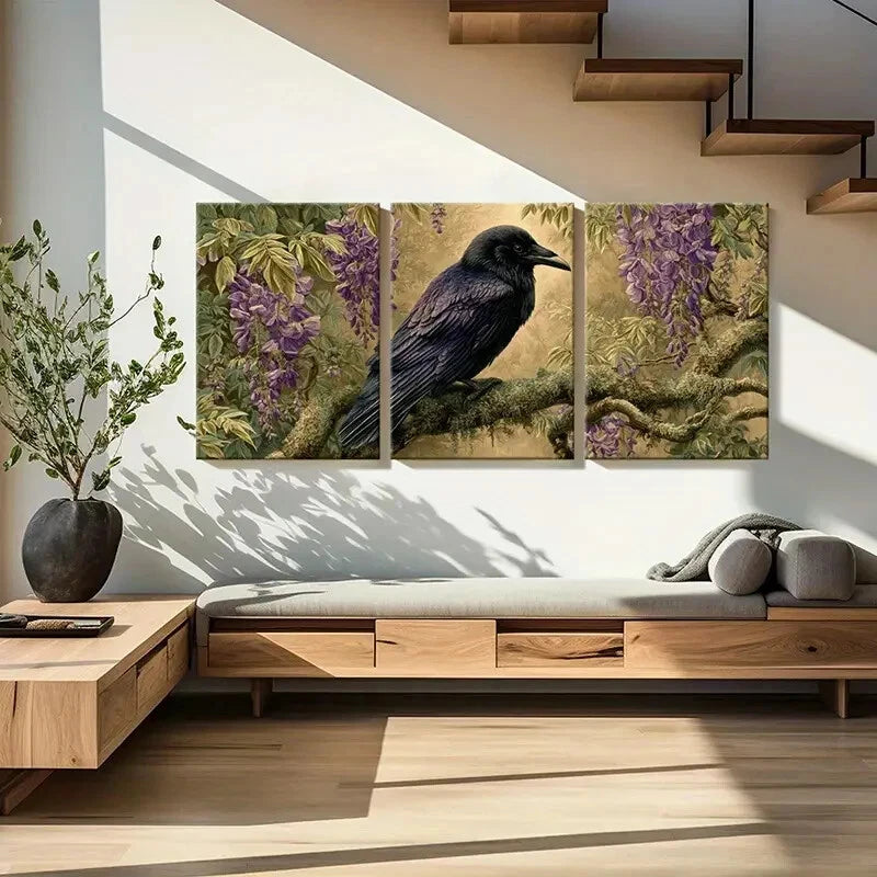 3pcs Black Bird Purple Flowers & Branch Design Metal Print Ready to Hang Art
