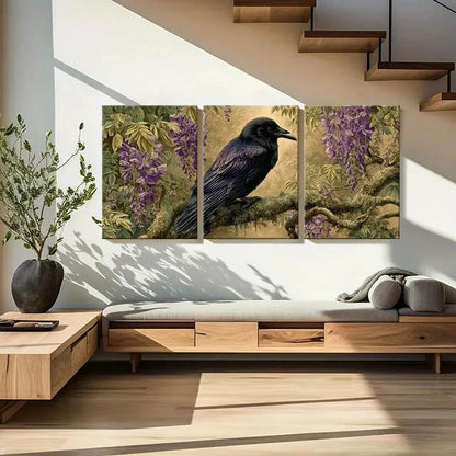 3pcs Black Bird Purple Flowers & Branch Design Metal Print Ready to Hang Art