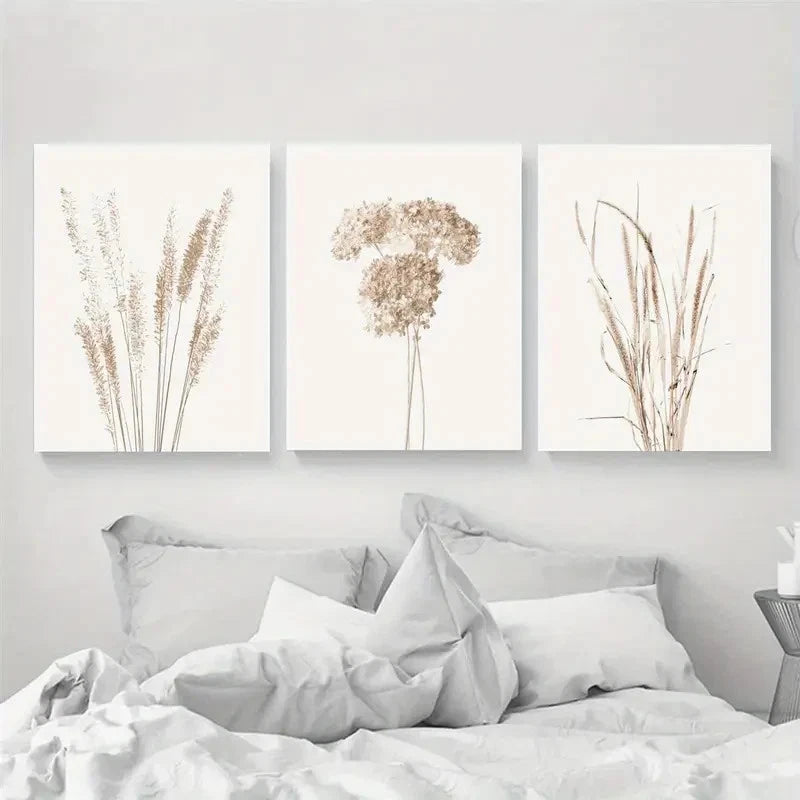 3pcs Elegant Golden Grass with Fir Metal Print Ready to Hang Art