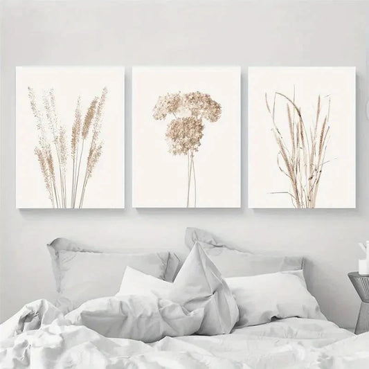3pcs Elegant Golden Grass with Fir Metal Print Ready to Hang Art