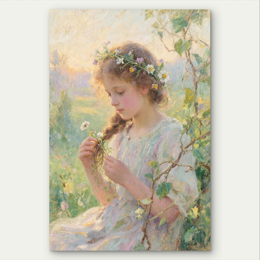 Classical Vintage Girl with Flowers Painting 40x60cm Metal Print Ready to Hang