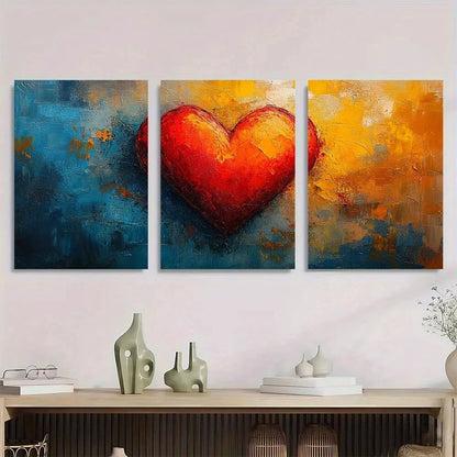 3pcs Abstract Heart Vibrant Blue Orange & Red Metal Print Ready to Hang Art