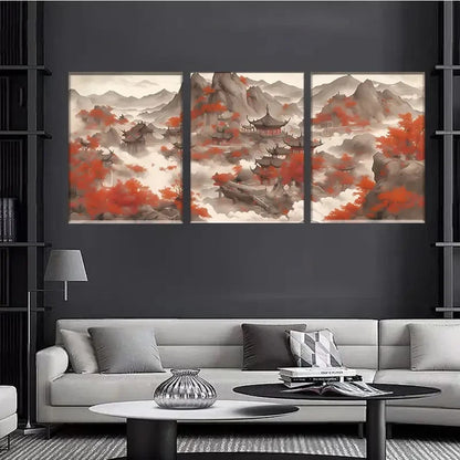 3pcs Traditional Chinese Landscape Wall Art Metal Print Ready to Hang Art