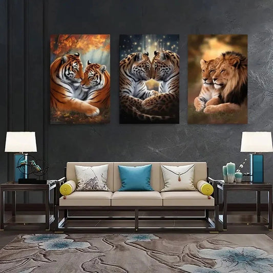 3pcs Animal Families Painting with Three Panels Metal Print Ready to Hang Art