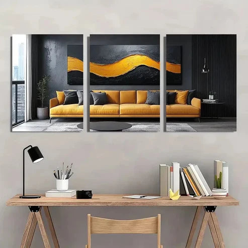 3pcs Chic Black Abstract Yellow Wall Art Set Canvas Unframed - High Quality Print 100% Australian Made Wall Canvas