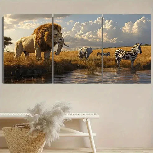 3pcs Majestic Lion, Elephant & Zebra Wall Art Set Canvas Unframed - High Quality Print 100% Australian Made Wall Canvas