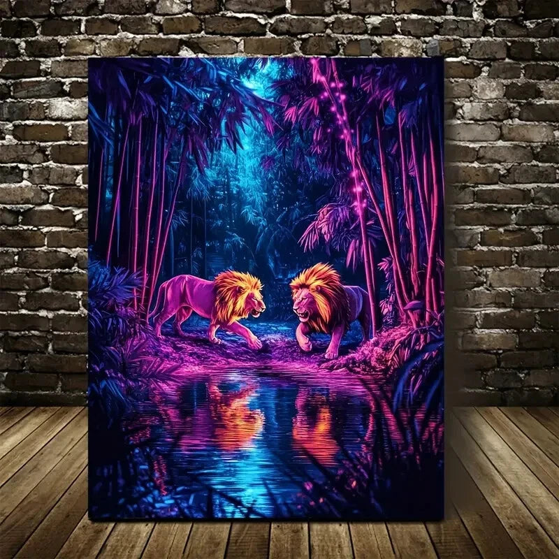 Surreal Lion Chase Neon Glow Painting 40x60cm Metal Print Ready to Hang