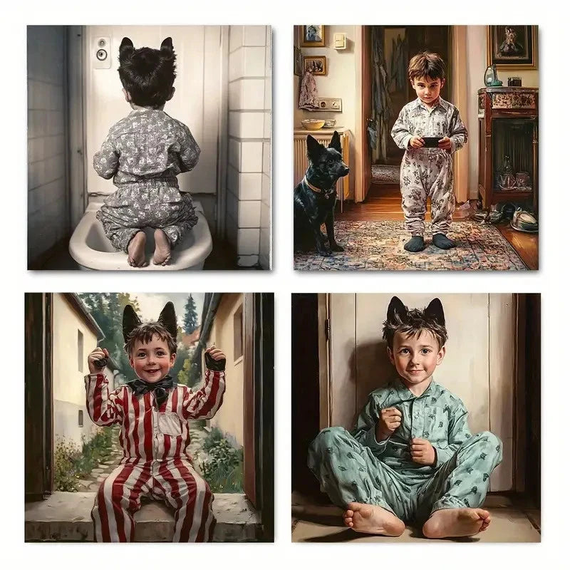 4pcsWhimsical Black German ShepherdWall Art Canvas Framed