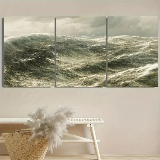 3pcs Vintage Seascape Ocean Waves Illustration Metal Print Ready to Hang Art
