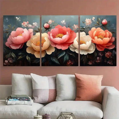 3pcs Vibrant Peonies Flowers Illustration Metal Print Ready to Hang Art