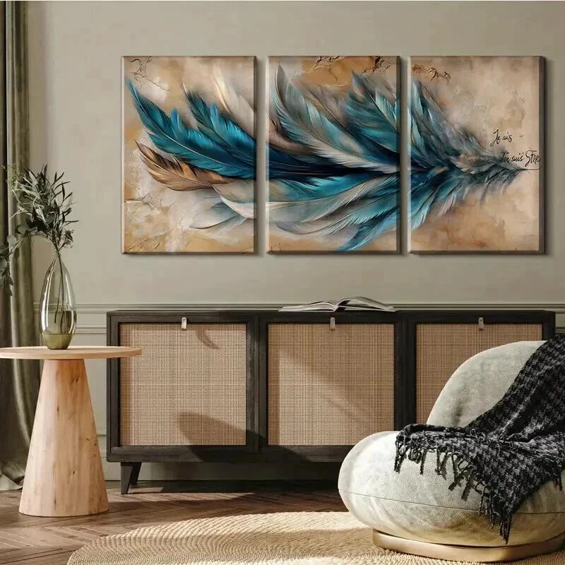 3pcs Blue & Golden Abstract Feather Modern Wall Art Set Canvas Framed 40x60cm - High Quality Print 100% Australian Made Wall Canvas Ready to Hang