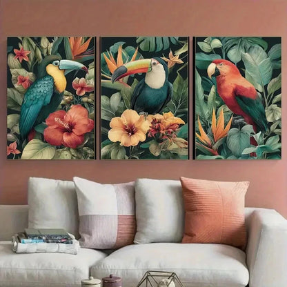 3pcs Tropical Birds in Floral Nature Scenery Wall Art Set Canvas Framed 40x60cm - High Quality Print 100% Australian Made Wall Canvas Ready to Hang