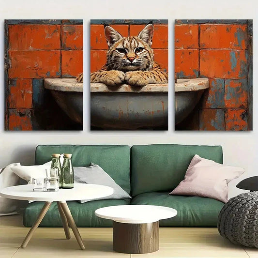 3pcs Whimsical Bobcat on Toilet Metal Print Ready to Hang Art