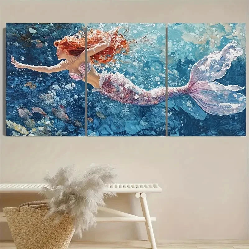 3pcs Fancy Mermaid French Coastal Metal Print Ready to Hang Art