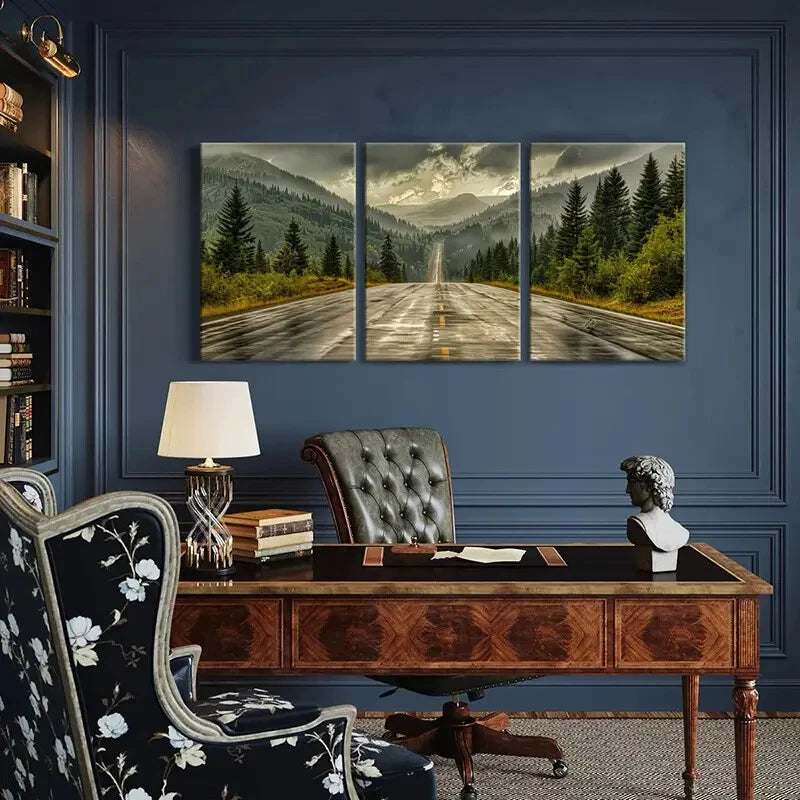 3pcs Mountain Road Cloudy Sky Yellow & White Road Metal Print Ready to Hang Art