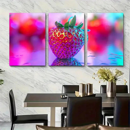 3pcs Vibrant Holographic Strawberry Illustration Metal Print Ready to Hang Art
