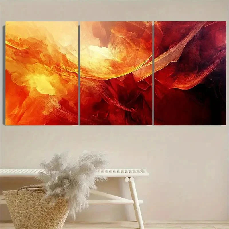 3pcs Warm Orange, Red & Yellow Swirls Wall Art Set Canvas Framed 50x70cm - High Quality Print 100% Australian Made Wall Canvas Ready to Hang