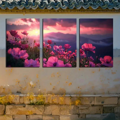 3pcs Cloudy Sky, Vibrant Flower Fields Design Metal Print Ready to Hang Art