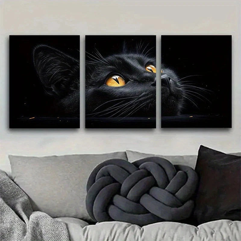 3pcs Modern Black Cat Golden Eyed Metal Print Ready to Hang Art