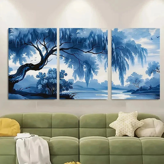 3pcs Monochrome Blue River Landscape with Ducks Metal Print Ready to Hang Art