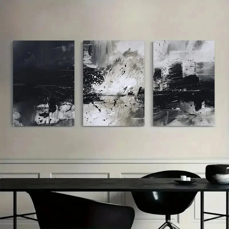 3pcs Abstract Black & White Brushstrokes Metal Print Ready to Hang Art