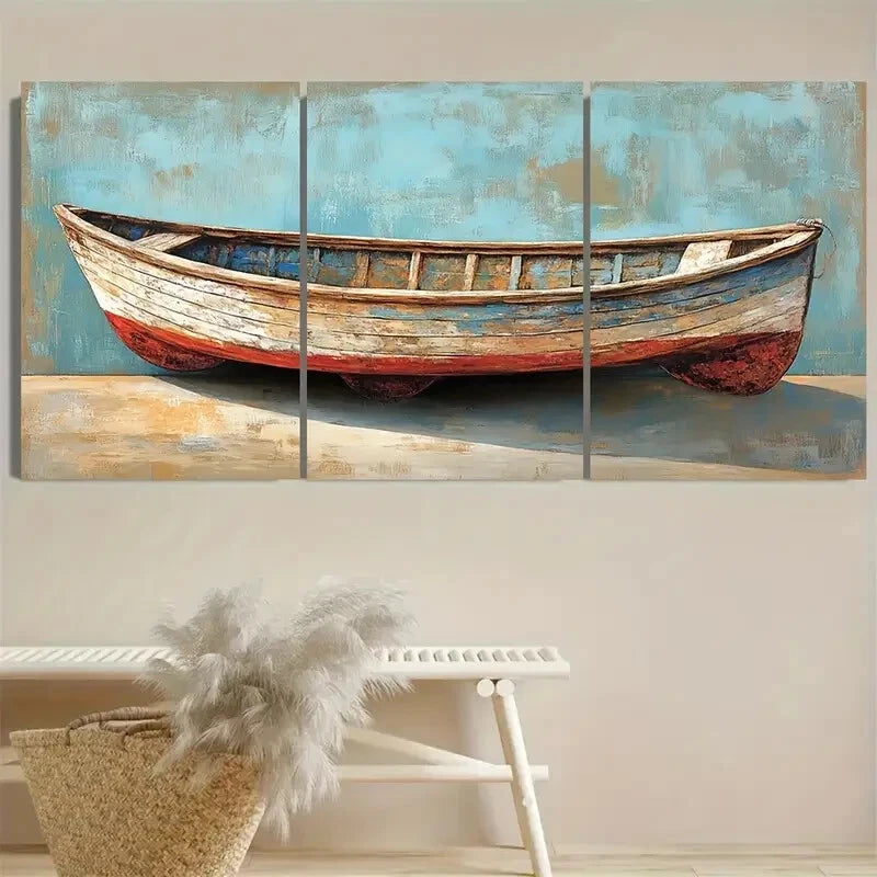3pcs Rustic Boat Nautical Coastal Illustration Metal Print Ready to Hang Art