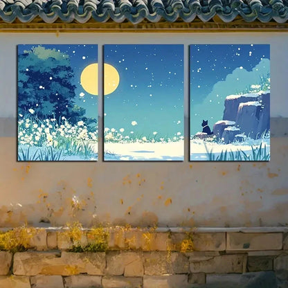 3pcs Moonlit Field with Cat illustration Metal Print Ready to Hang Art