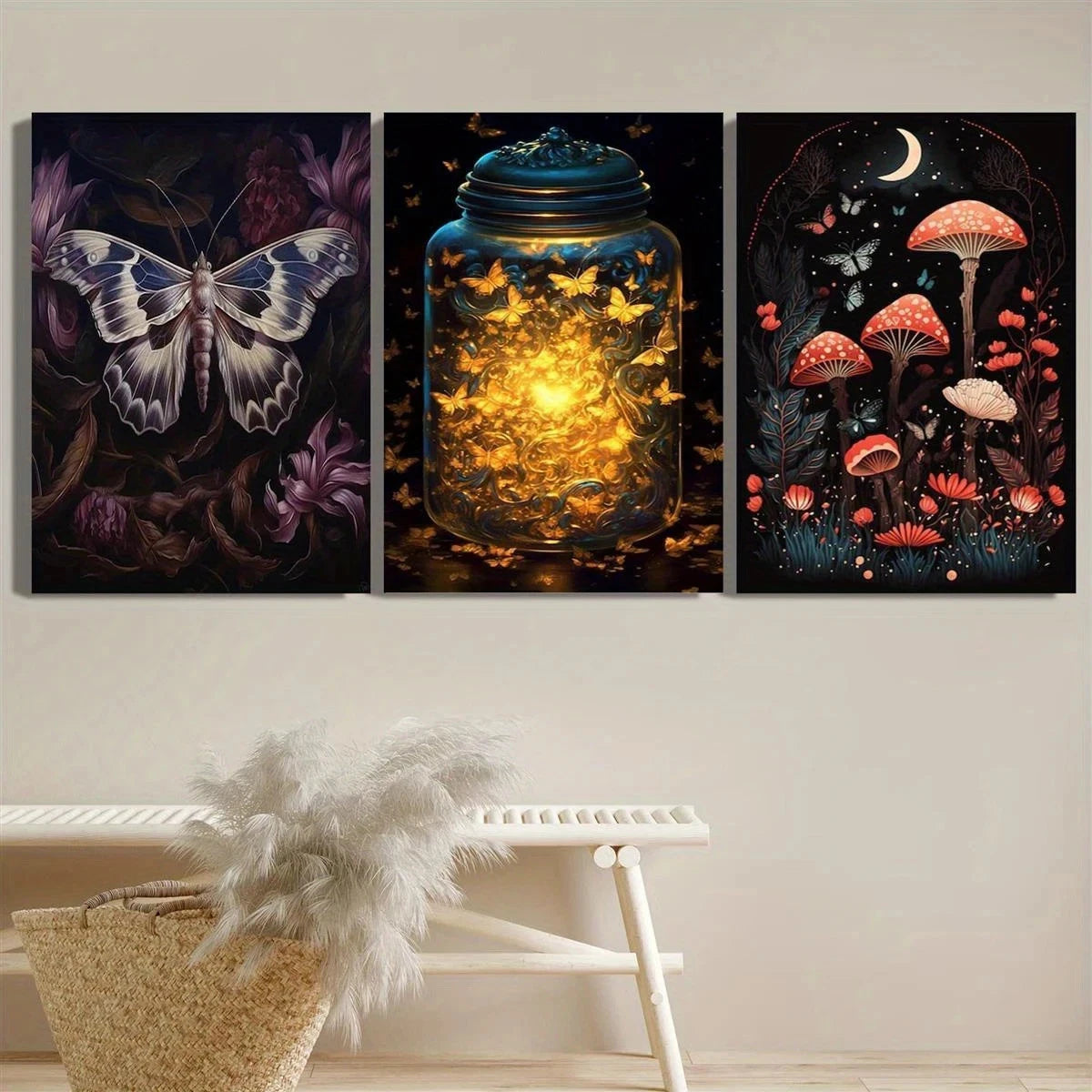3pcs Dreamy Flying Moths Glowing Bottles Metal Print Ready to Hang Art