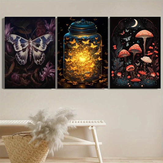 3pcs Dreamy Flying Moths Glowing Bottles Metal Print Ready to Hang Art
