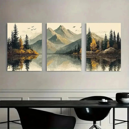 3pcs Autumn Winter Landscape with Mountains Metal Print Ready to Hang Art