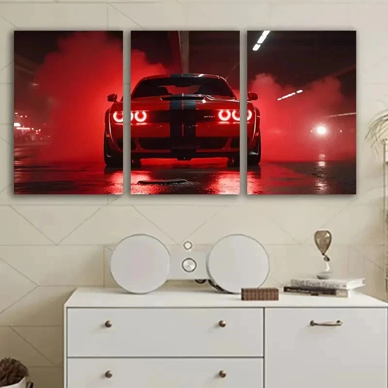 3pcs Red Sports Car Neon Glow Metal Print Ready to Hang Art