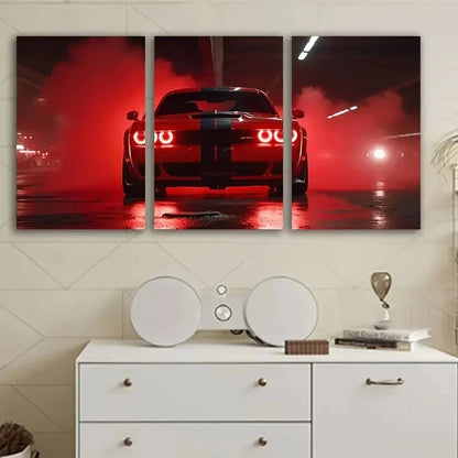 3pcs Red Sports Car Neon Glow Metal Print Ready to Hang Art