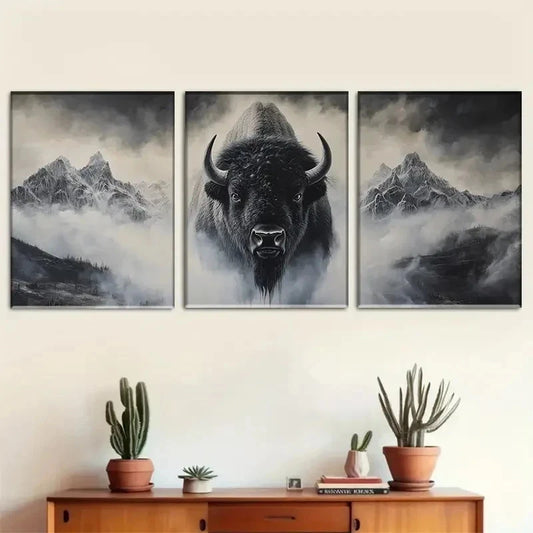 3pcs Majestic Bison And Mountains Wall Art Set Canvas Framed 40x60cm - High Quality Print 100% Australian Made Wall Canvas Ready to Hang